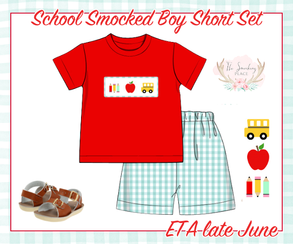 School Smocked Mint Gingham Boy Short Set