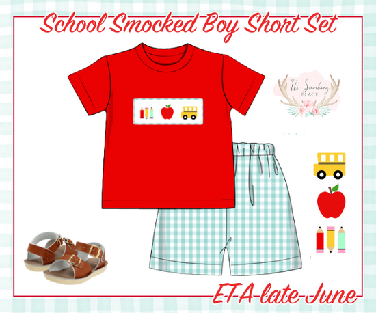 School Smocked Mint Gingham Boy Short Set