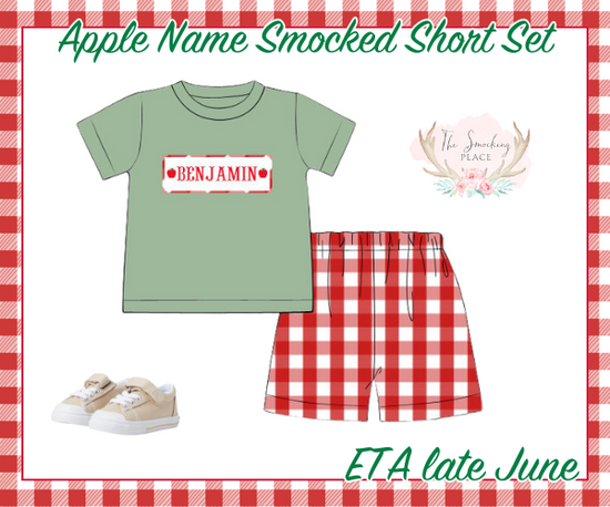 Apple Name Smocked Red Buffalo Check Short Set