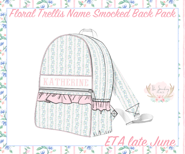 Floral Trellis Print Name Smocked Ruffle Backpack