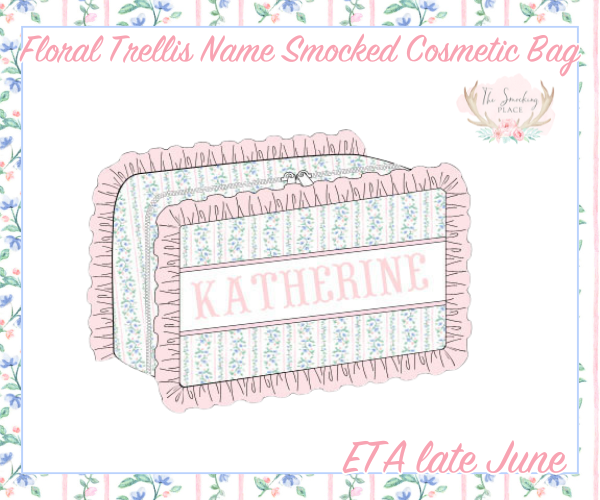 Floral Trellis Print Name Smocked Ruffle Cosmetic Bag