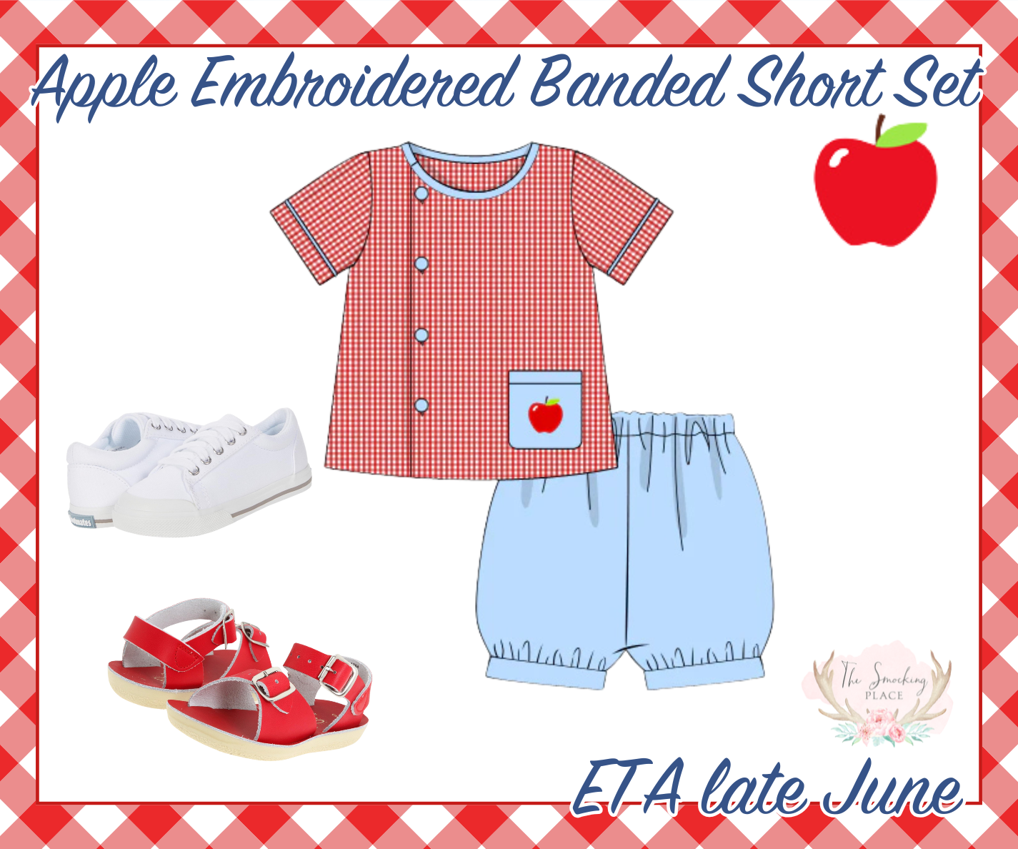 Apple Embroidered Red Gingham Button Down Banded Short Set