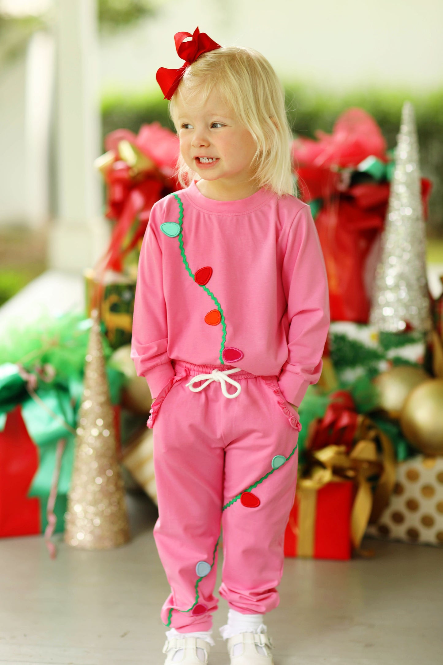 Christmas Lights Applique Pink Knit Jogger Set