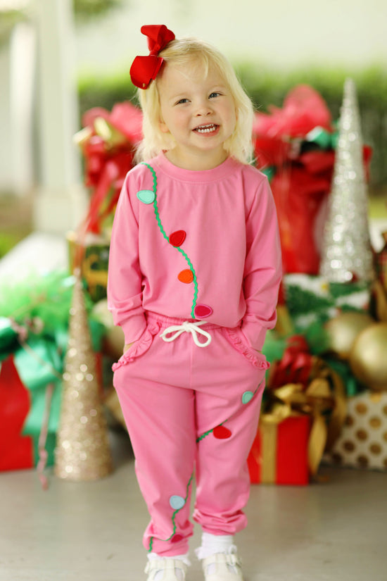 Christmas Lights Applique Pink Knit Jogger Set