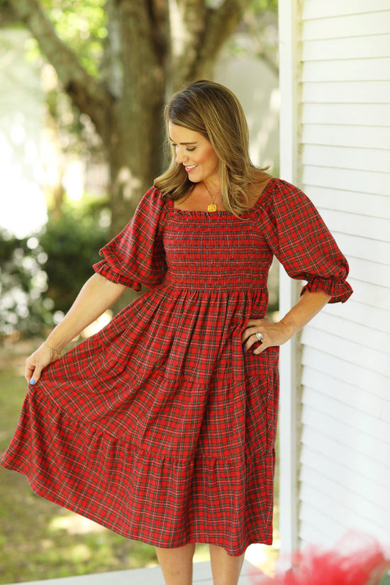 Red Tartan Ladies Smocked Dress