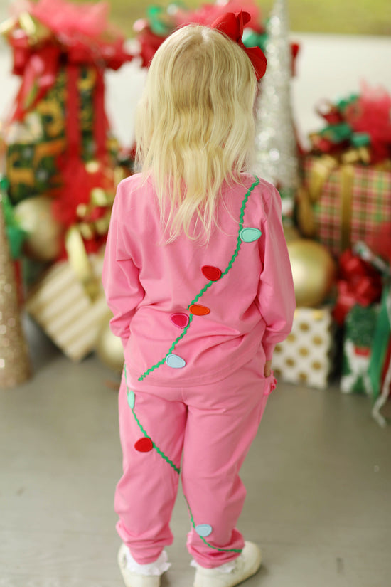 Christmas Lights Applique Pink Knit Jogger Set