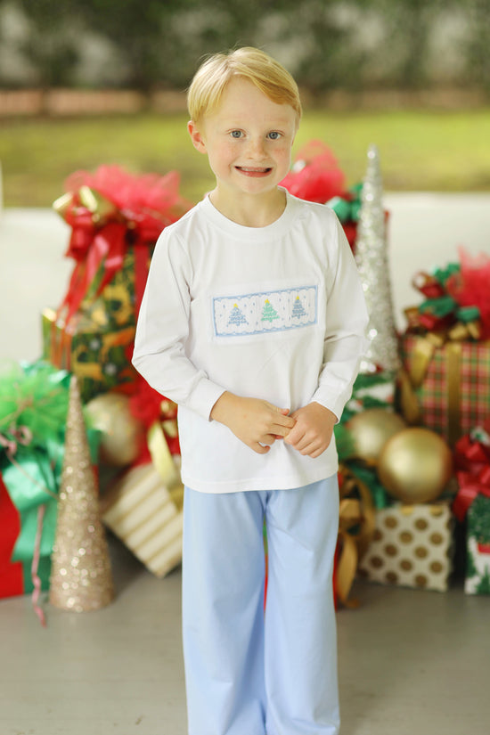 Pastel Christmas Tree Smocked Blue Knit Pant Set