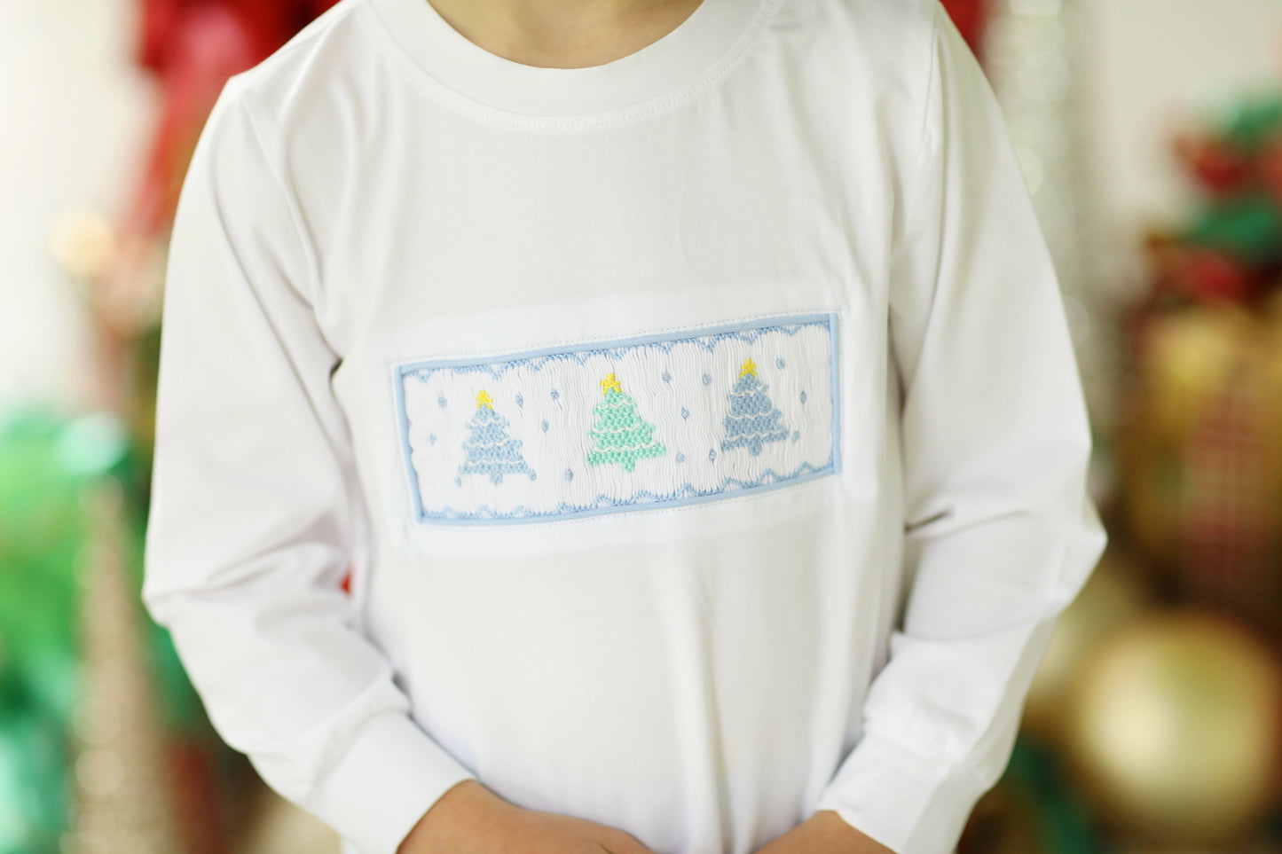 Pastel Christmas Tree Smocked Blue Knit Pant Set