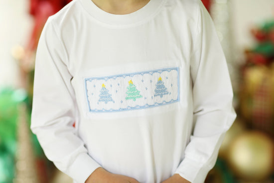 Pastel Christmas Tree Smocked Blue Knit Pant Set