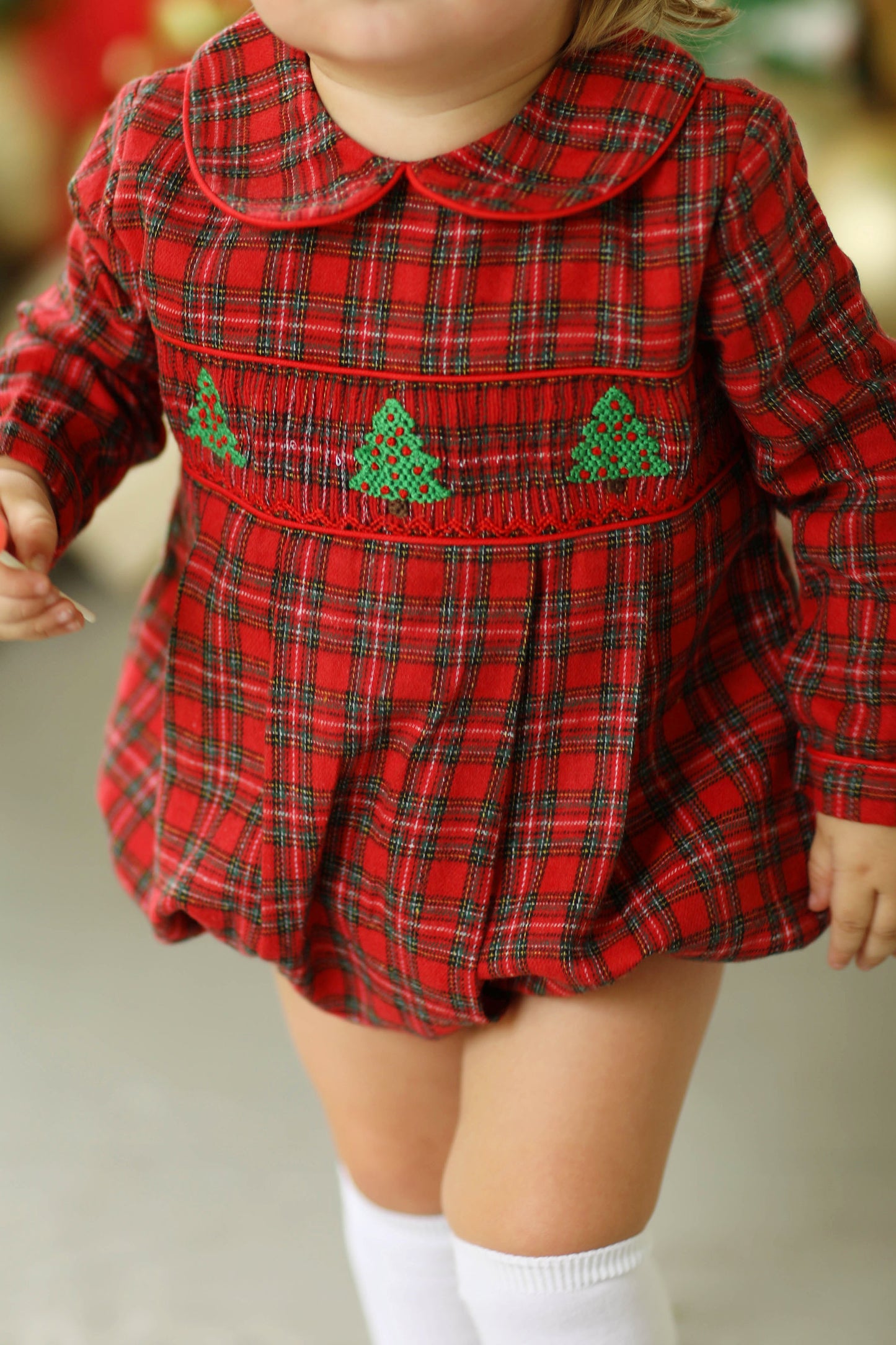 Christmas Tree Smocked Red Tartan Boy Bubble
