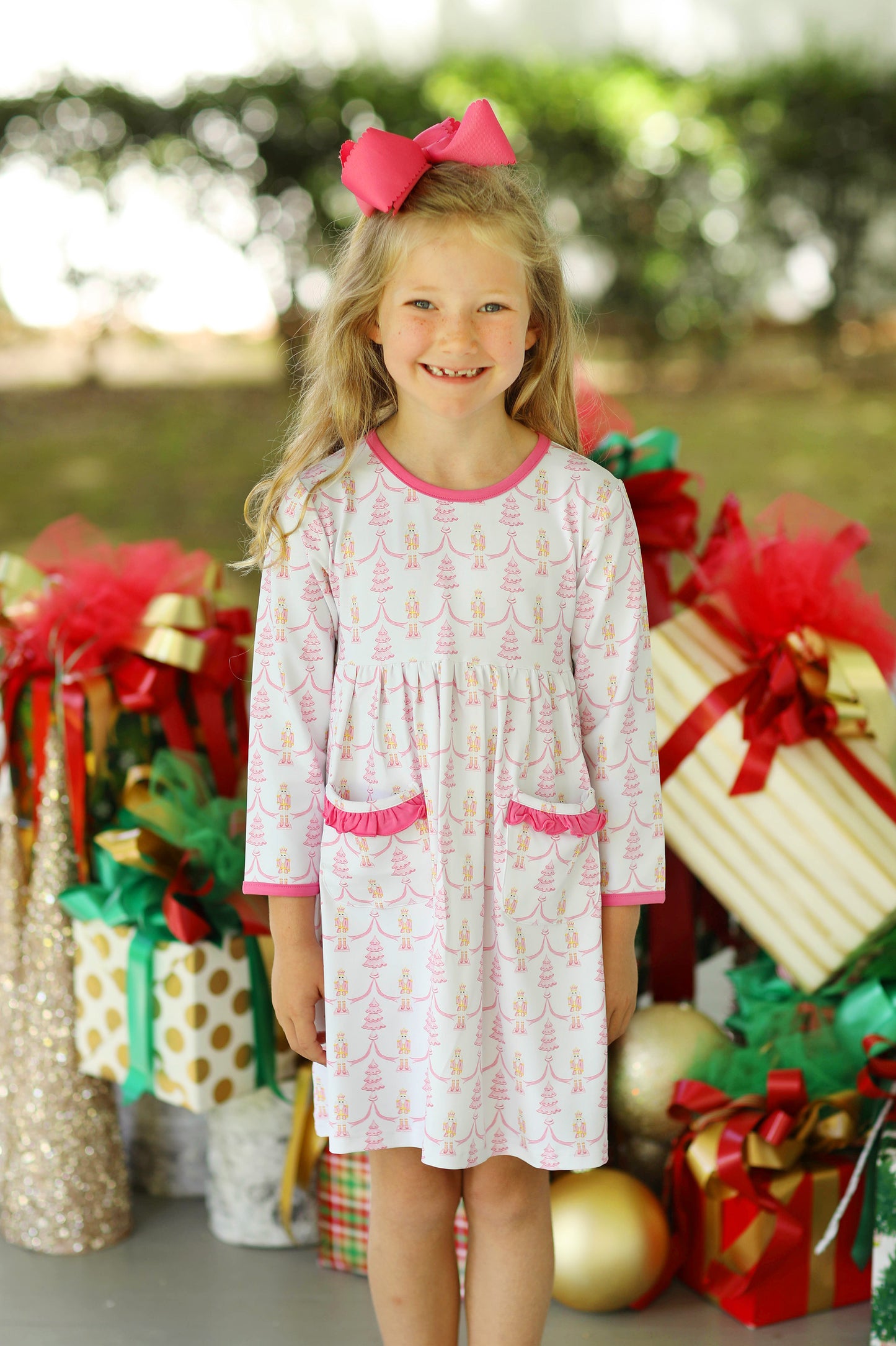 Pink Nutcracker Tree Jersey Knit Ruffle Dress