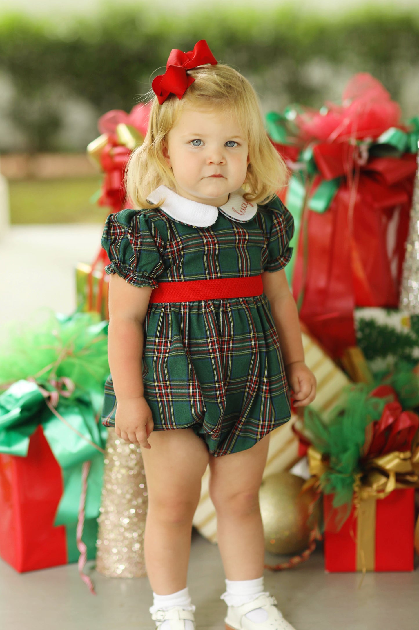 Green Tartan Red Tie Waist Bubble