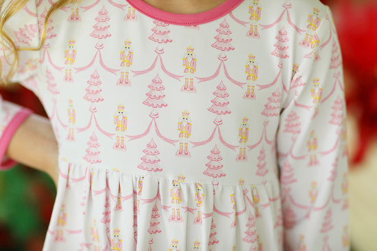 Pink Nutcracker Tree Jersey Knit Ruffle Dress