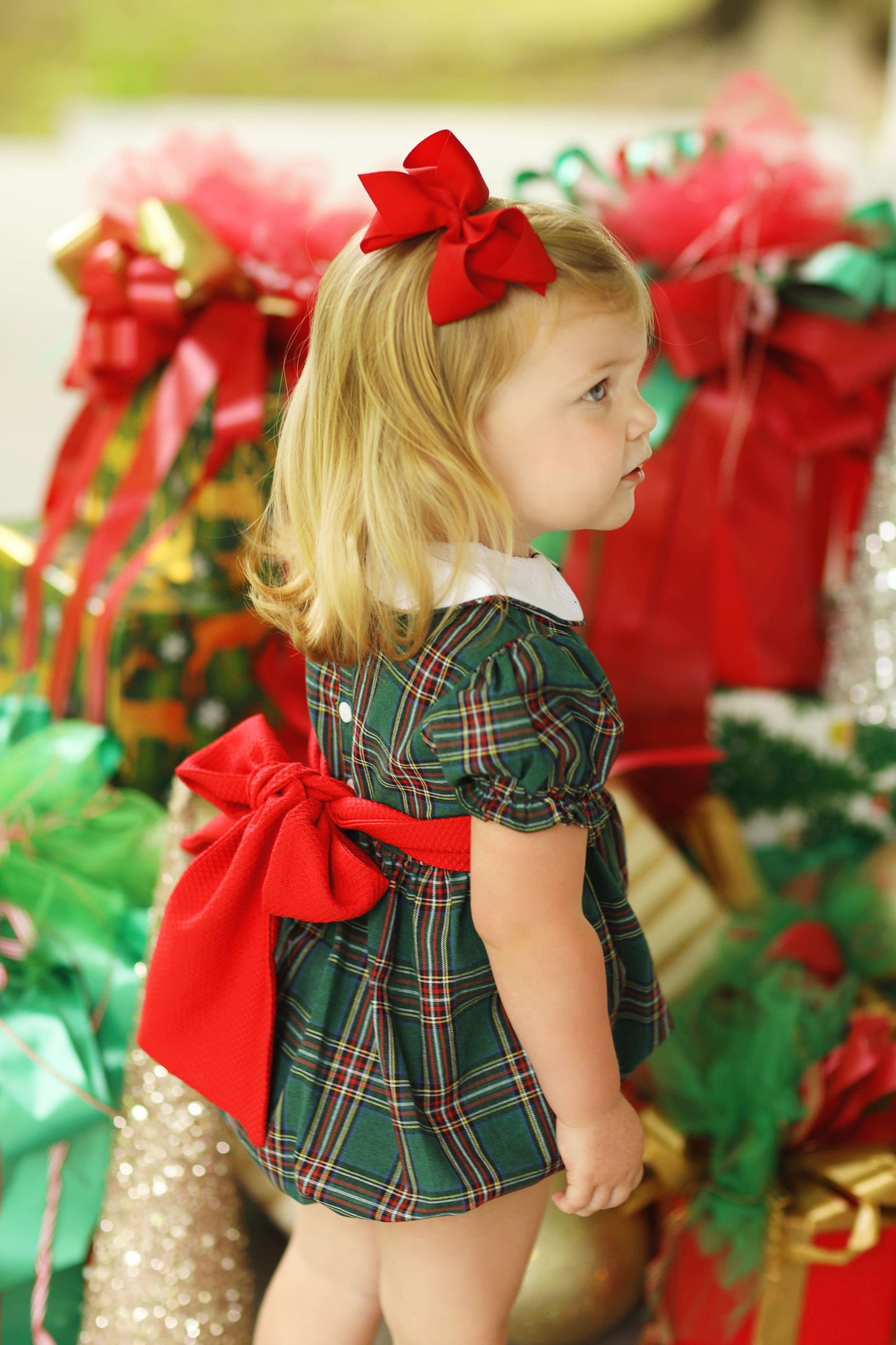 Green Tartan Red Tie Waist Bubble