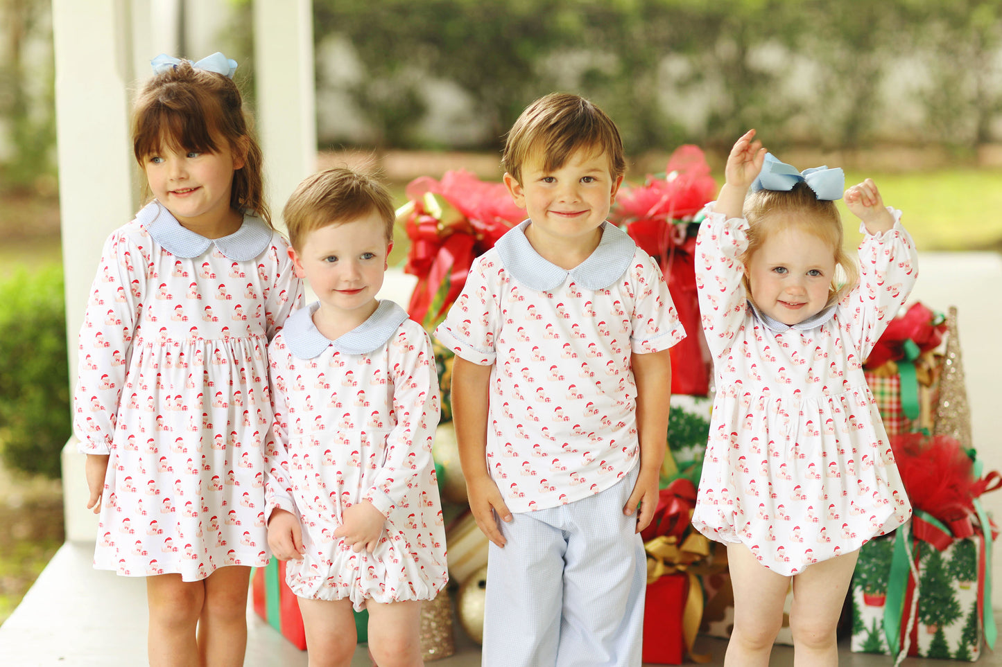 Christmas Puppy Print Jersey Knit Blue Gingham Pant Set