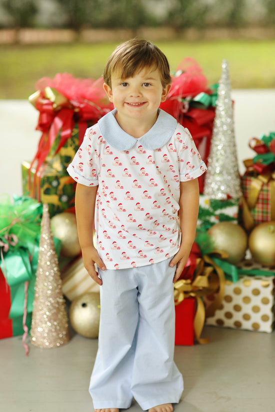 Christmas Puppy Print Jersey Knit Blue Gingham Pant Set