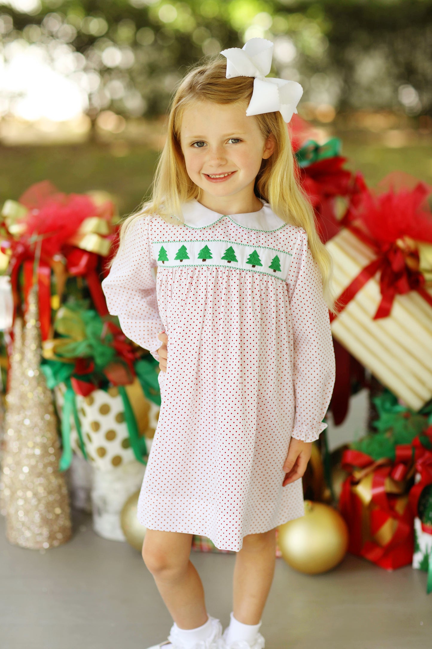 Christmas Tree Embroidered Red Bitty Dot Girl Ruffle Dress