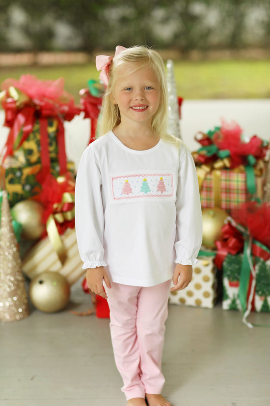 Pastel Christmas Tree Smocked Pink Knit Legging Set