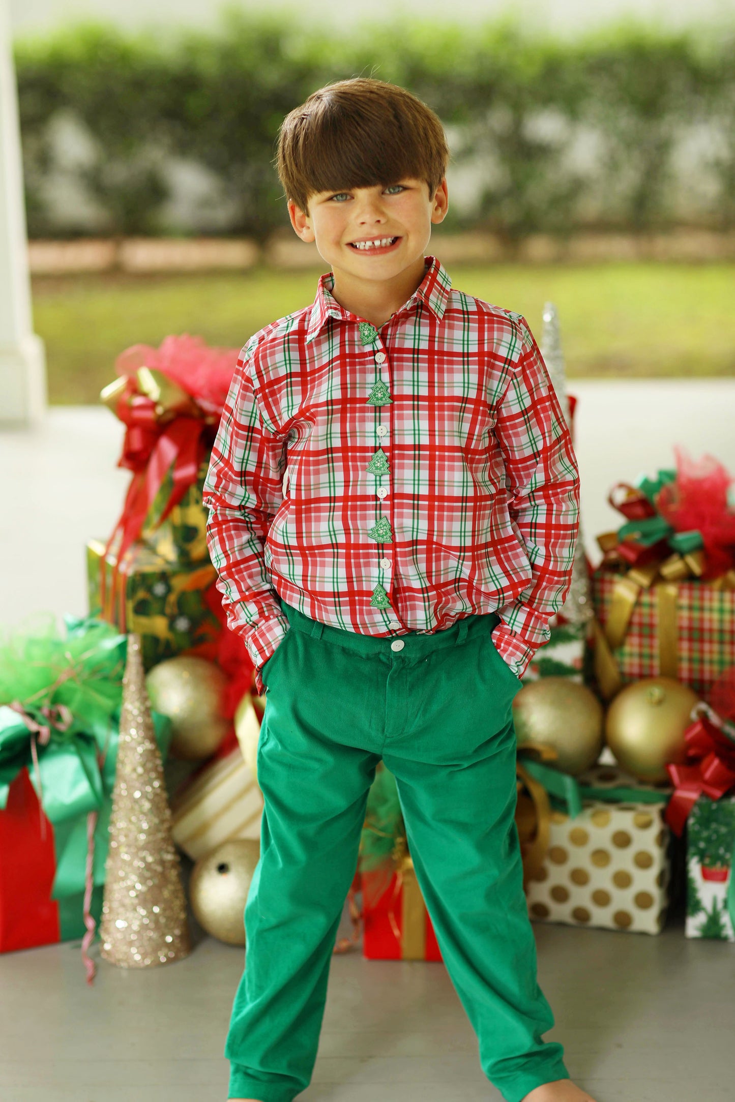 Red Green Plaid Christmas Tree Button Green Corduroy Pant Set