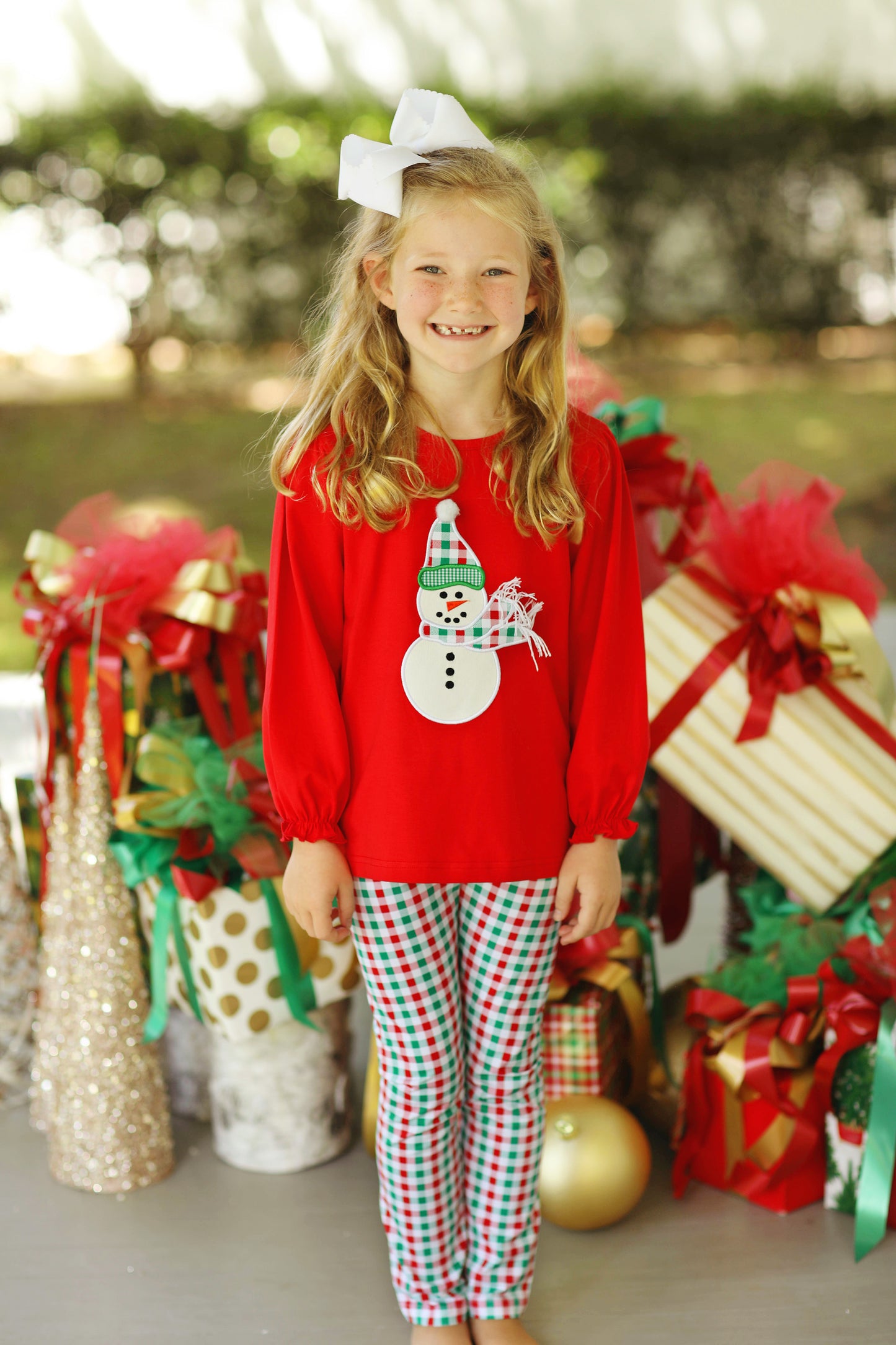 Snowman Applique Red & Green Plaid Knit Legging Set