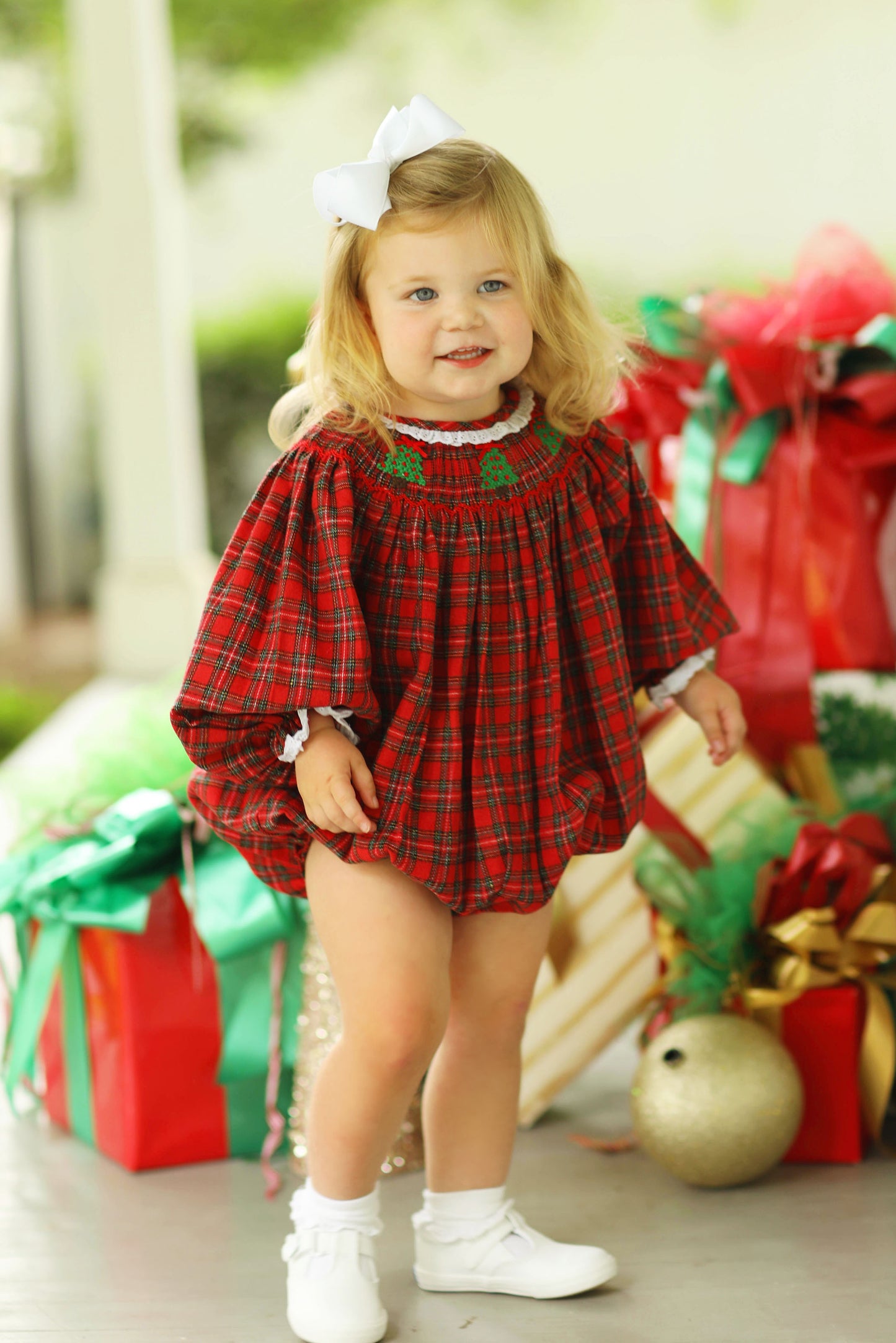Christmas Tree Smocked Eyelet Lace Red Tartan Bubble