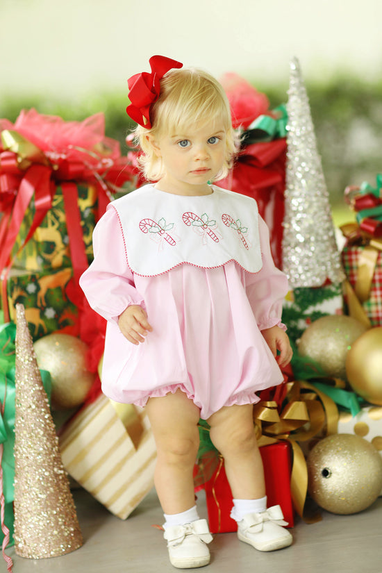 Candy Cane Pink Bow Embroidered Pink Scalloped Bib Girl Bubble