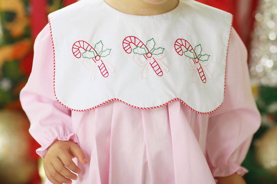 Candy Cane Pink Bow Embroidered Pink Scalloped Bib Girl Bubble