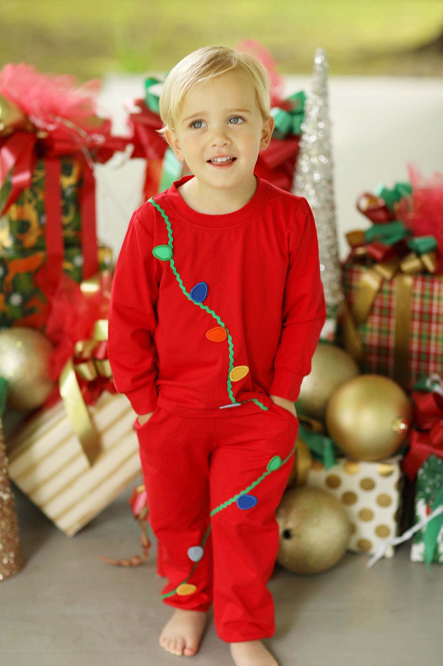 Christmas Lights Applique Red Knit Jogger Set