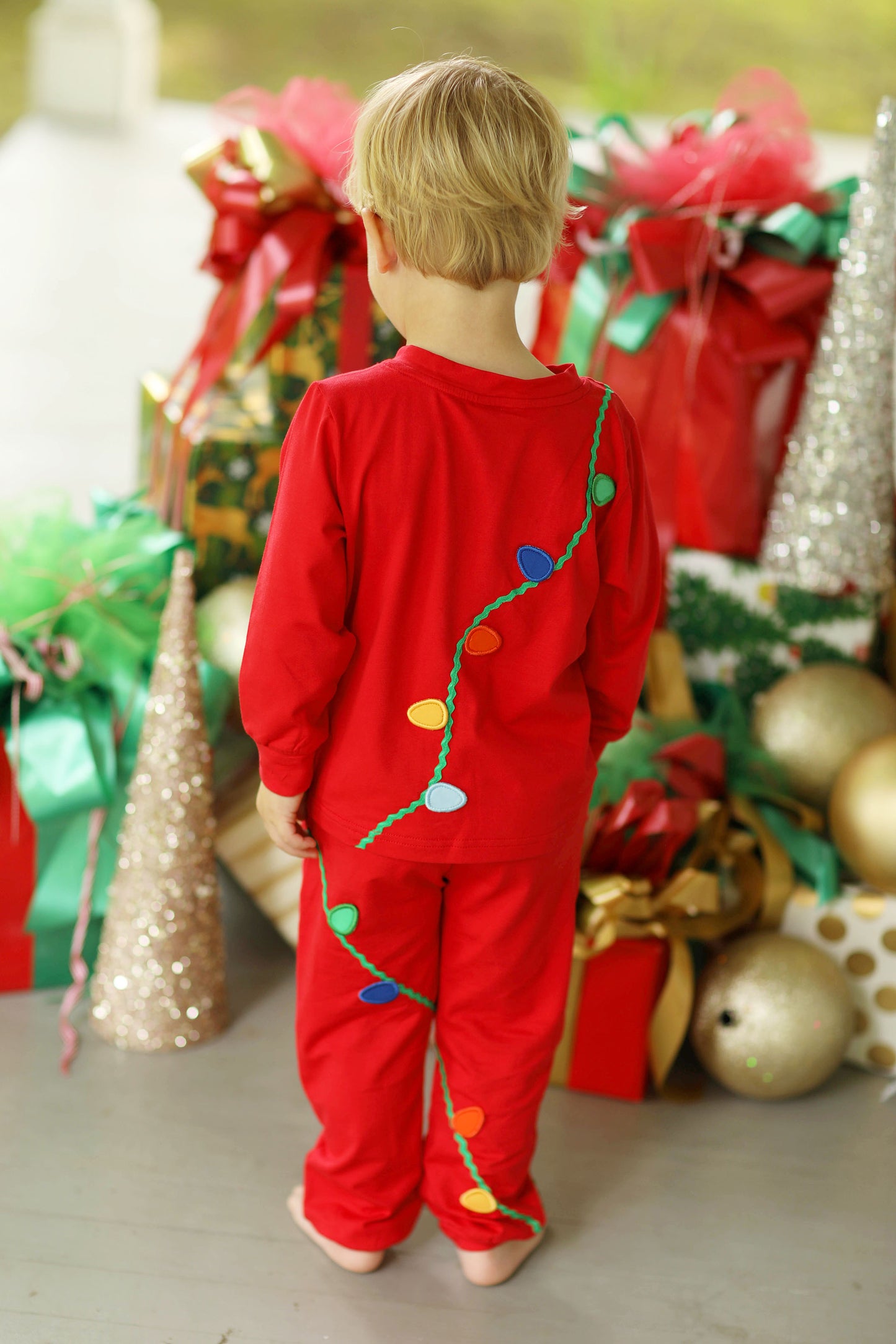 Christmas Lights Applique Red Knit Jogger Set