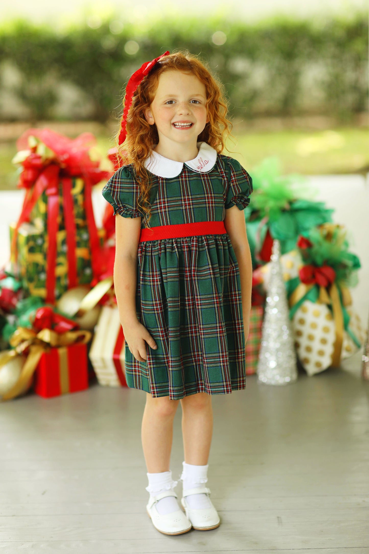 Green Tartan Red Tie Waist Dress