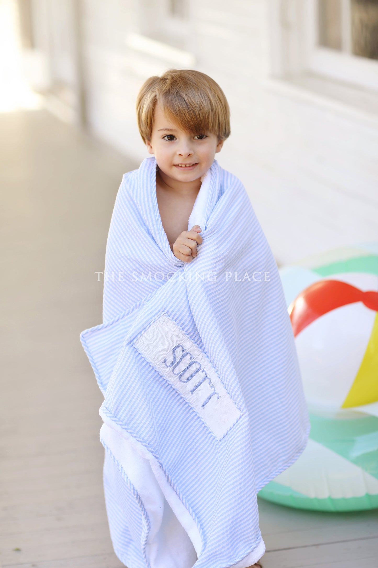 Blue Seersucker Name Smocked Beach Towel