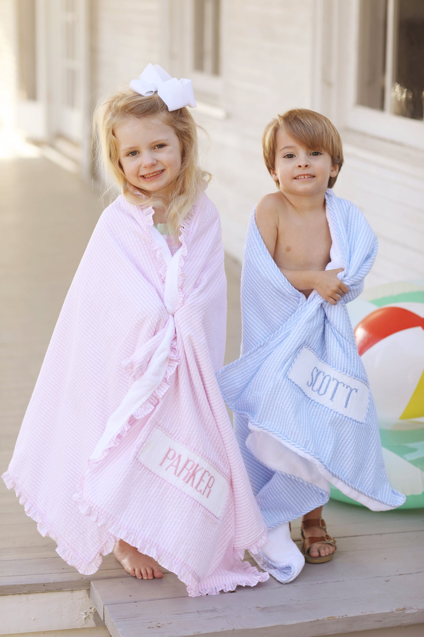 Pink Seersucker Name Smocked Beach Towel