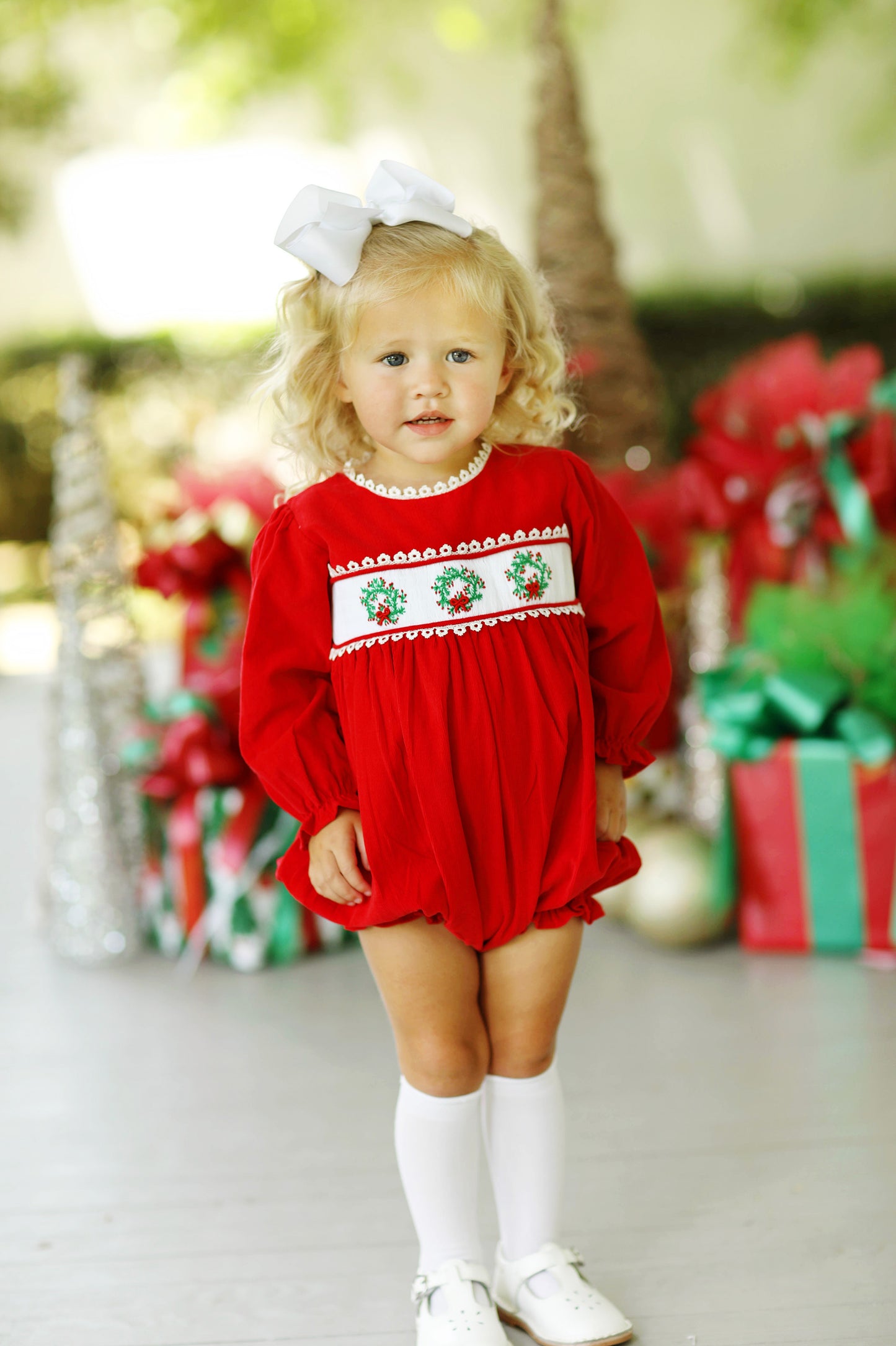 Wreath Embroidered Lace Trim Red Corduroy Bubble