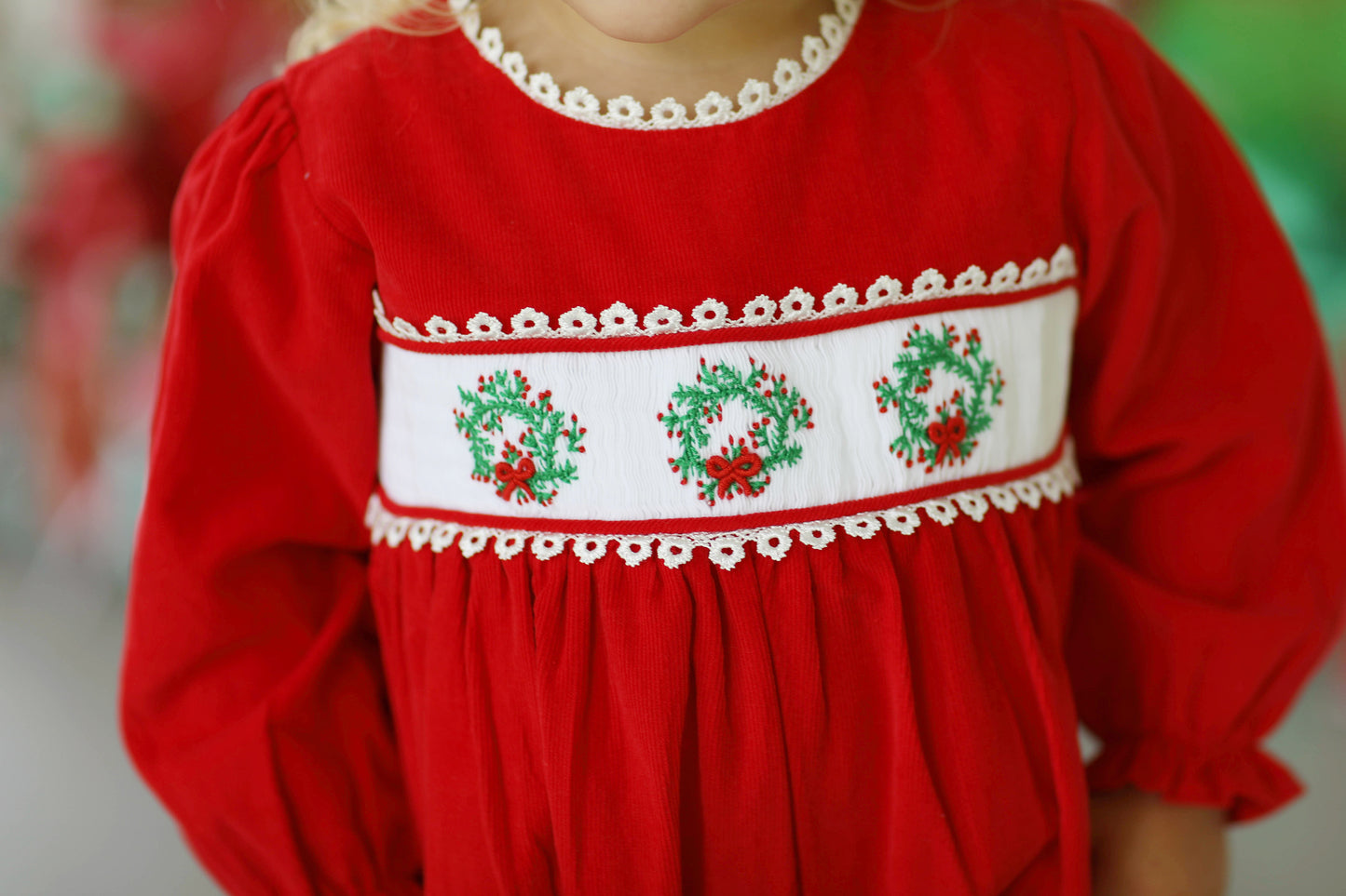 Wreath Embroidered Lace Trim Red Corduroy Bubble