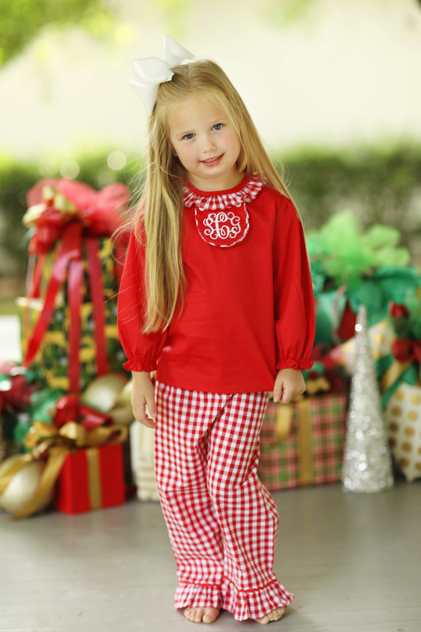 Red Gingham Ruffle 3 Tab Girl Pant Set with White Santa