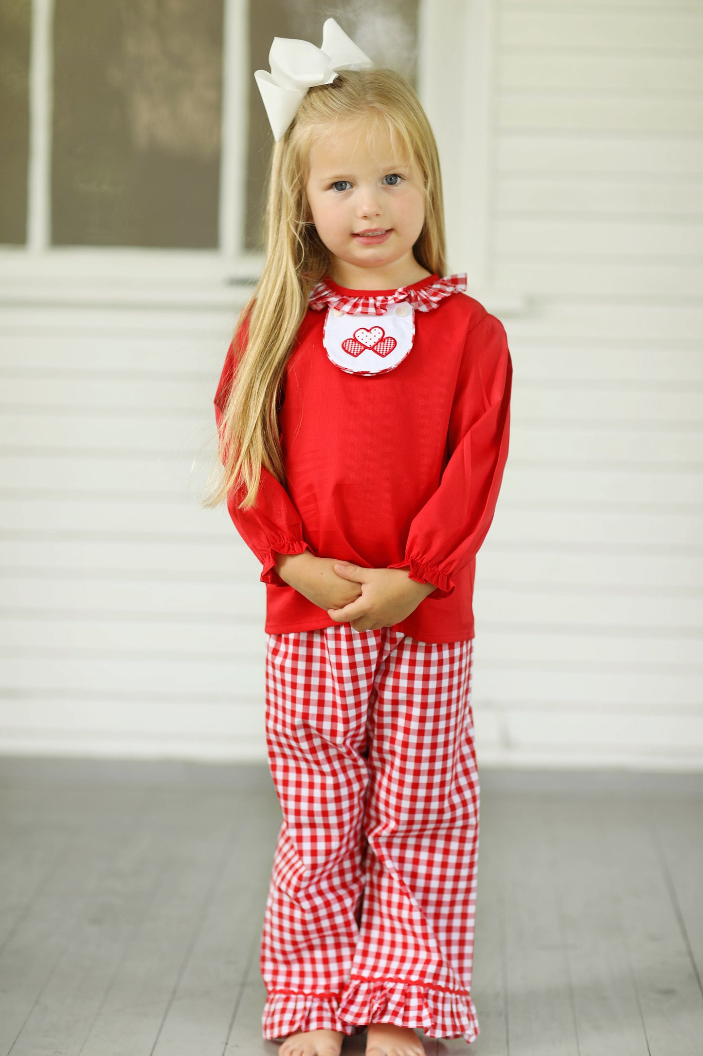 Red Gingham Ruffle 3 Tab Girl Pant Set with White Santa