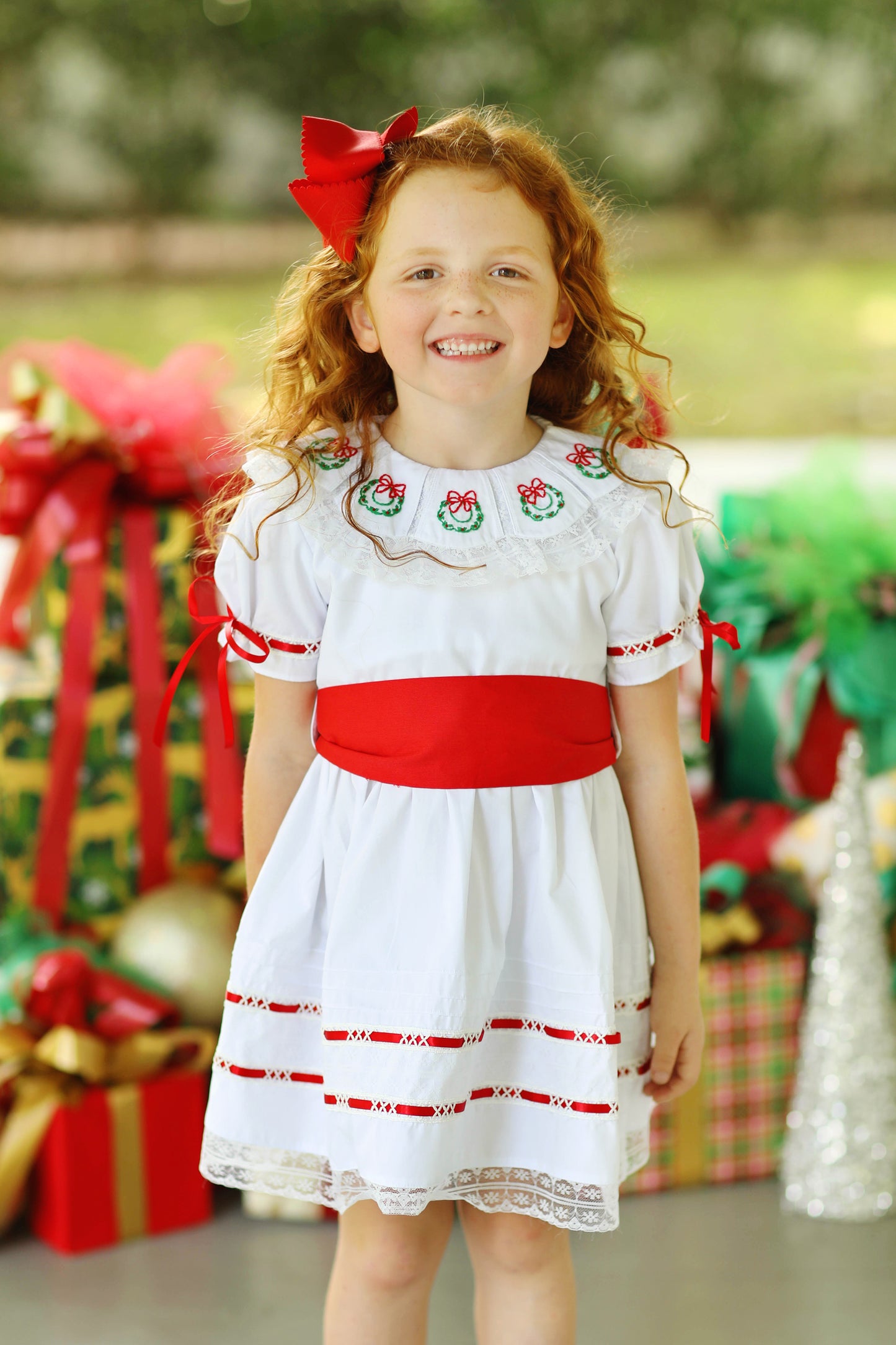 Wreath Embroidered Lace Red Tie Waist Heirloom Dress