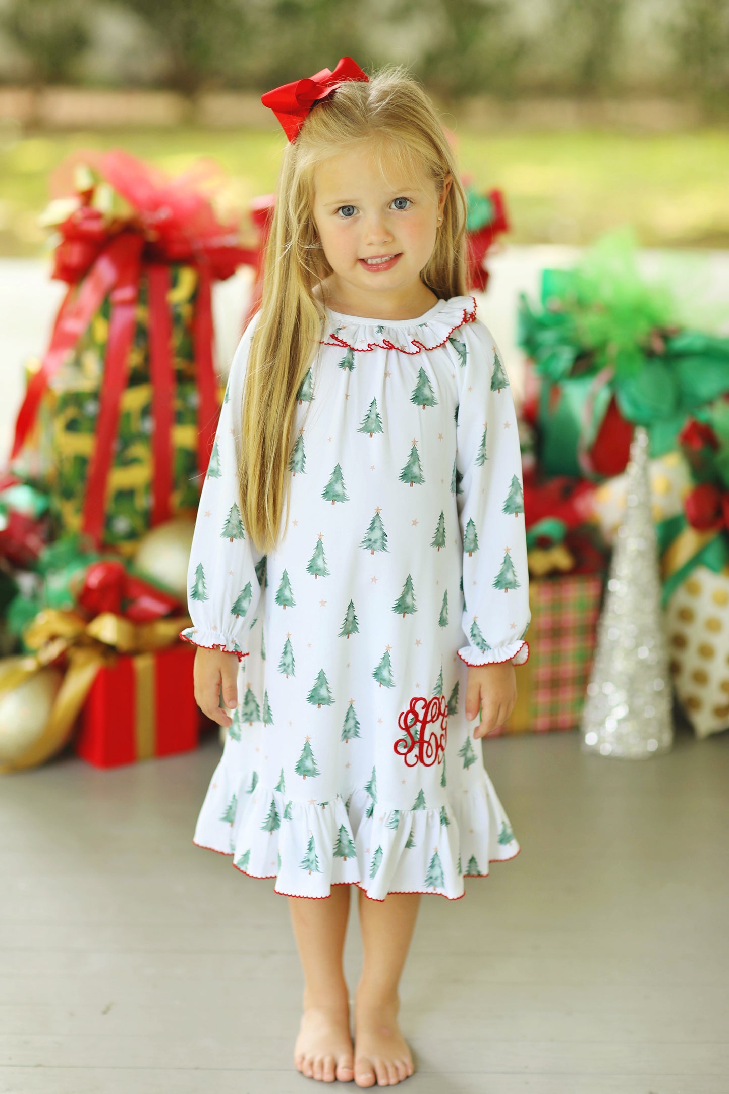 Christmas Tree Print Jersey Knit Ruffle Gown