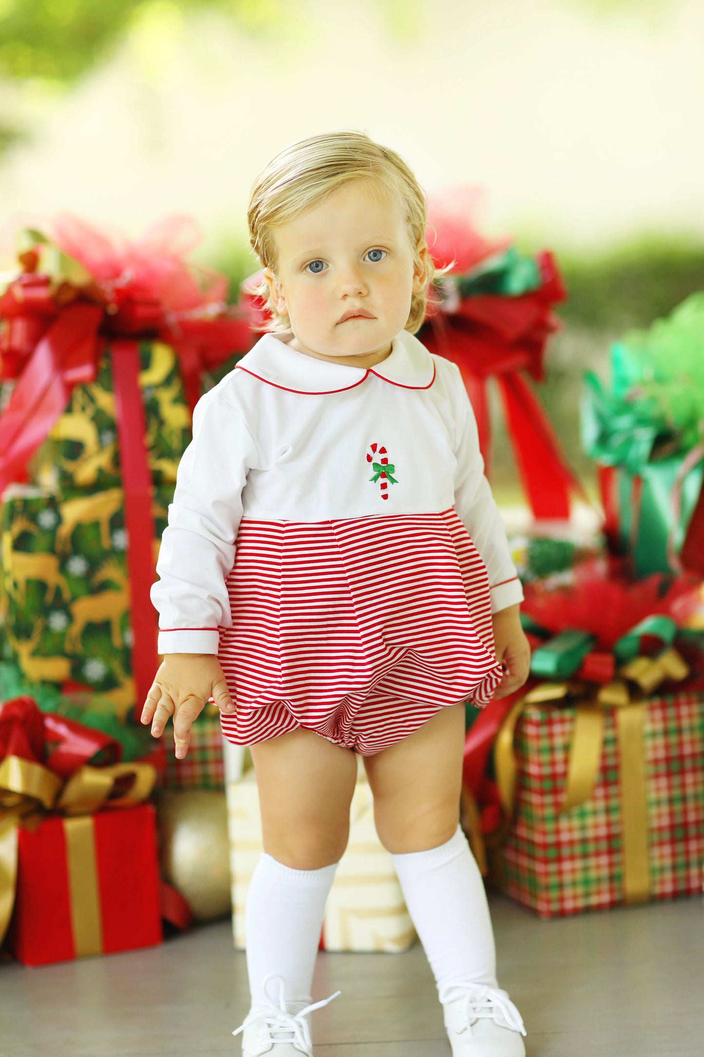 Candy Cane Embroidered Red Stripe Knit Bubble