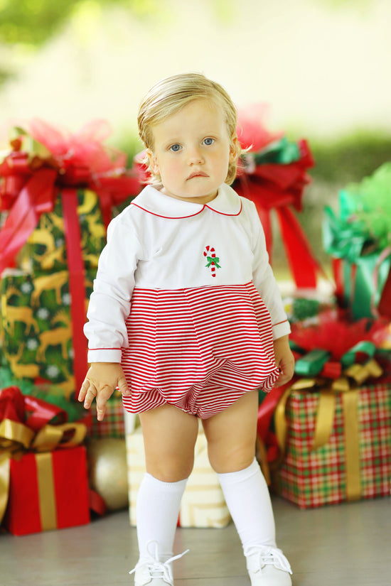 Candy Cane Embroidered Red Stripe Knit Bubble