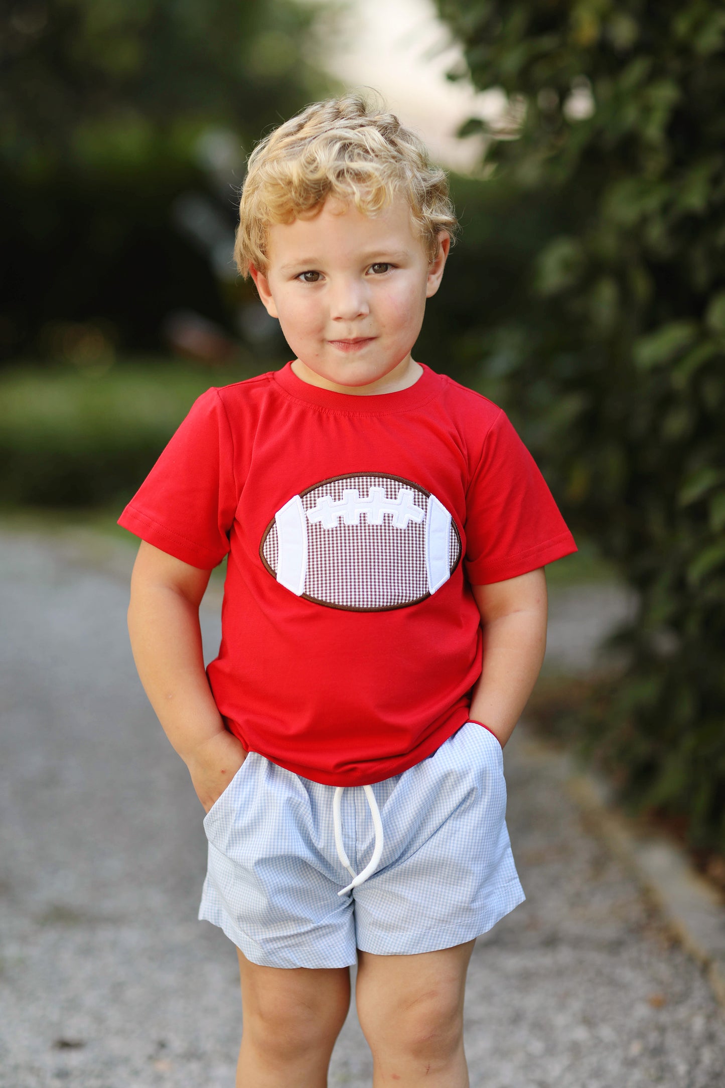 Football Applique Blue Gingham Red Short Set