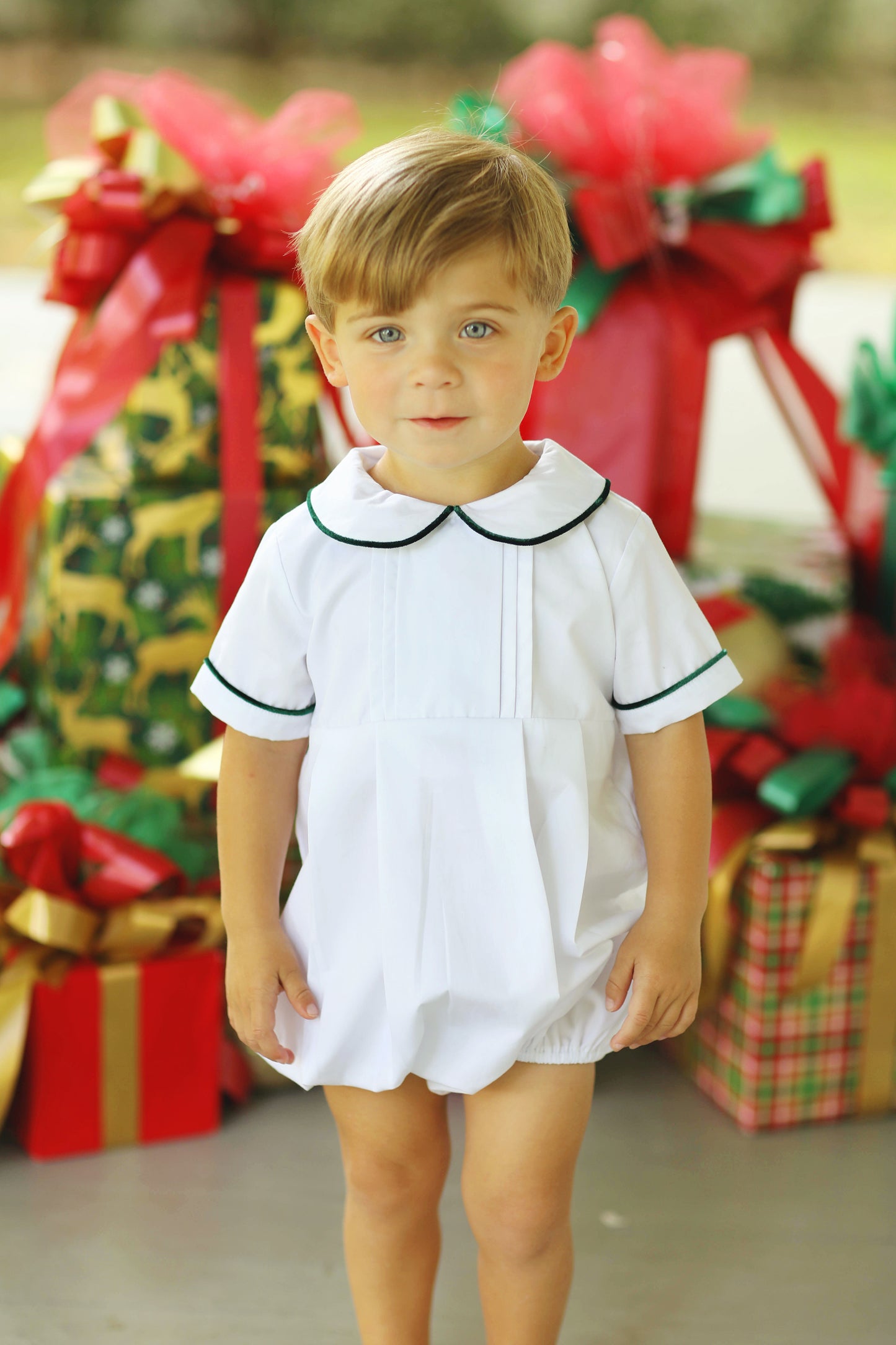 White Pleated Bubble with Green Velvet Trim