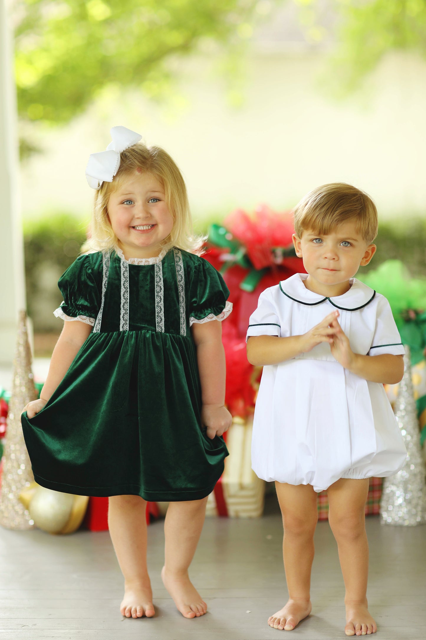 White Pleated Bubble with Green Velvet Trim