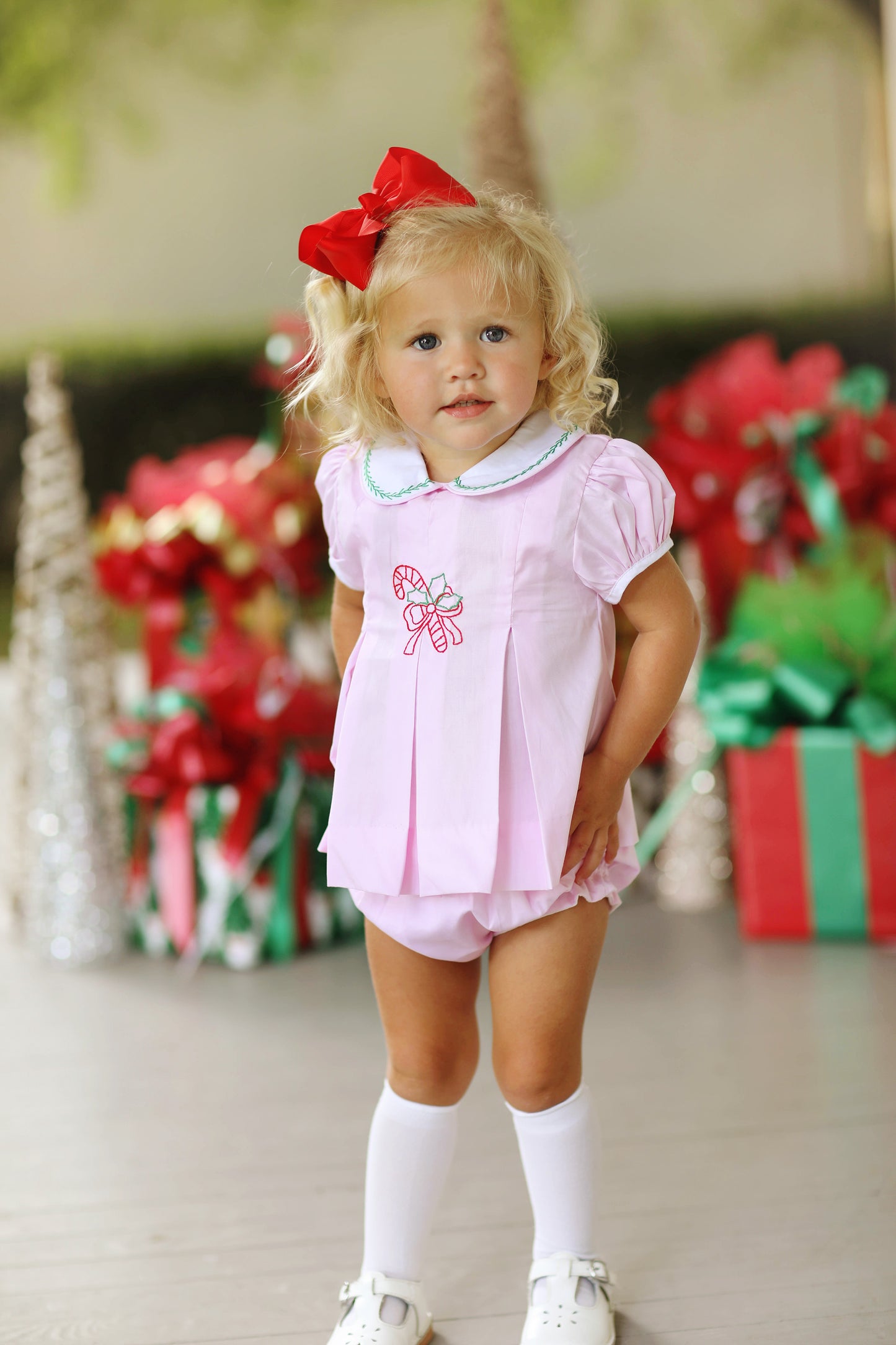 Candy Cane Embroidered Pink Bloomer Set