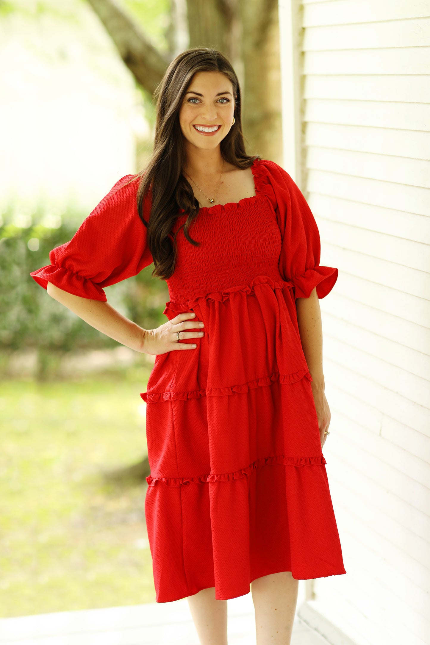 Ladies Red Honeycomb Smocked Dress