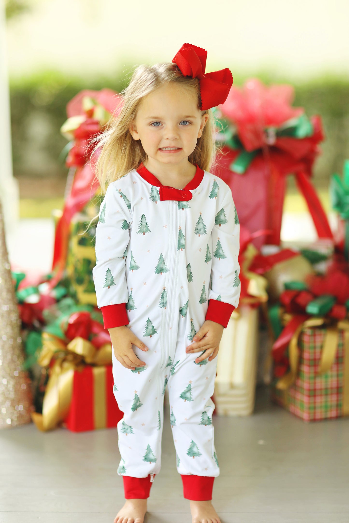 Christmas Tree Print Jersey Knit Zip Up Ruffle Onesie