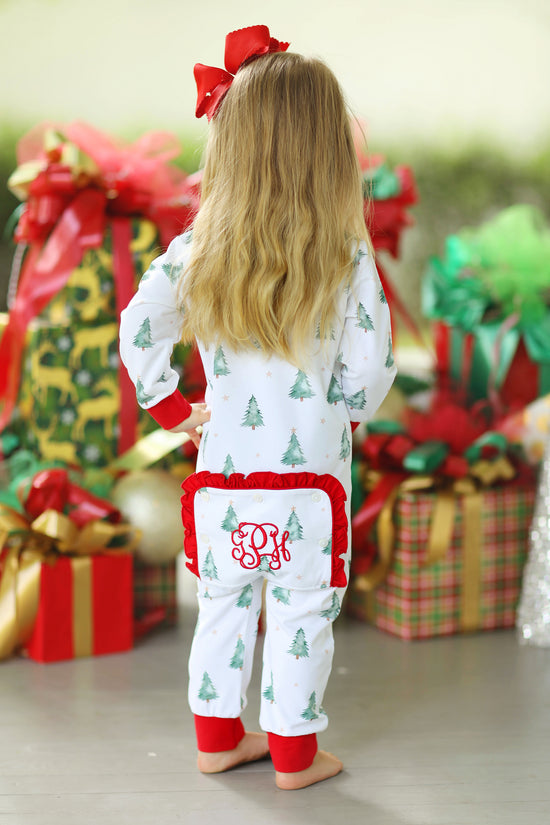 Christmas Tree Print Jersey Knit Zip Up Ruffle Onesie