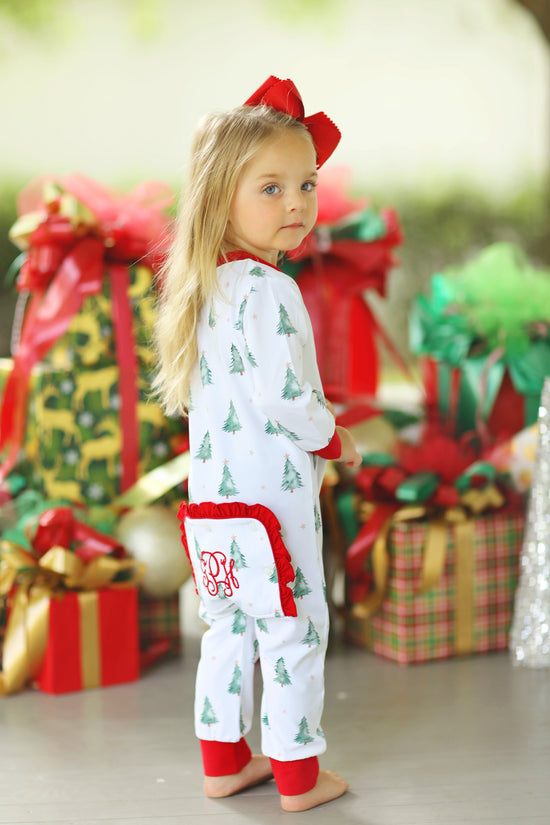 Christmas Tree Print Jersey Knit Zip Up Ruffle Onesie