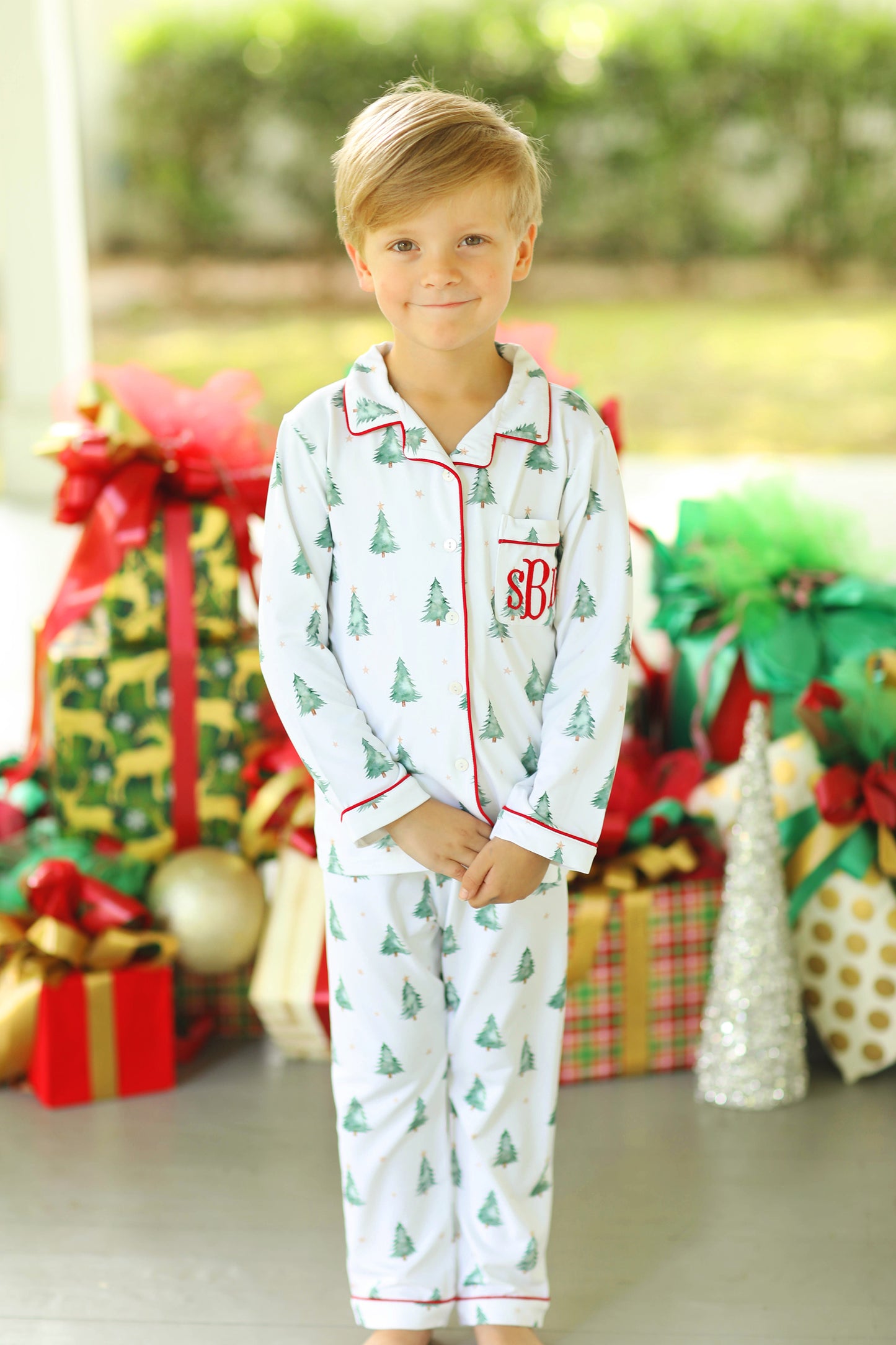 Christmas Tree Print Jersey Knit Boys Lounge Pajama Set