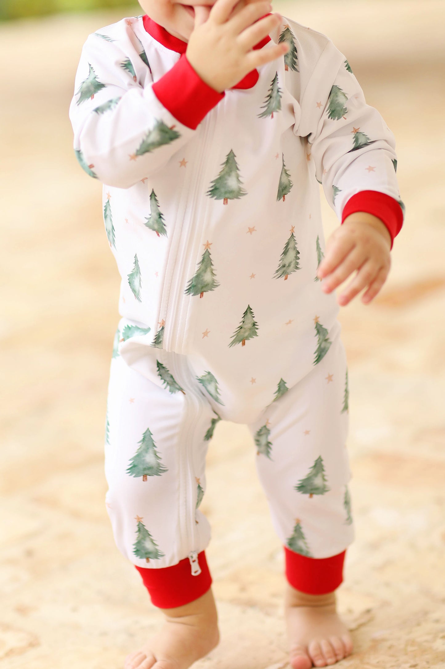 Christmas Tree Print Jersey Knit Zip Up Onesie